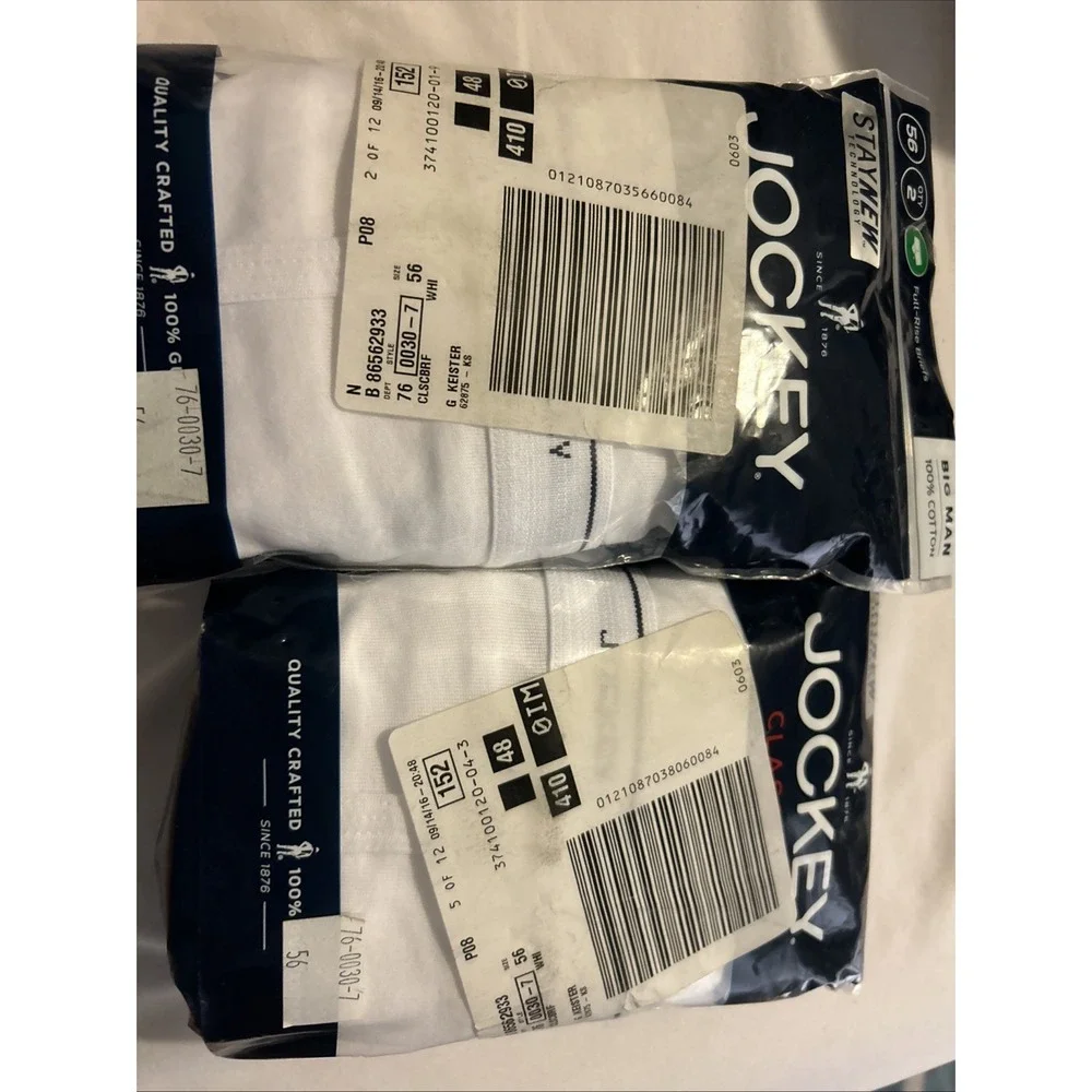 Men's Size 56 Jockey Full Rise Briefs, 2pair, White, Cotton, Y Front, New Sealed